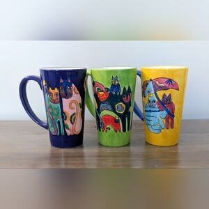 Laurel Burch 6” Tall Multicolor Cat Ceramic Coffee Mug Cup Set Of 3 Handpainted